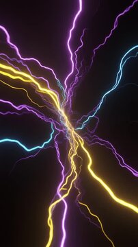 A mesmerizing display of vibrant neon-like lightning bolts in shades of yellow, purple, and blue, crisscrossing against a dark background