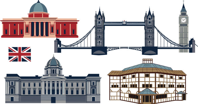 Iconic London Landmarks Set with Tower Bridge, Big Ben, National Gallery, Shakespeare's Globe, and Union Jack for UK Cityscape Illustrations