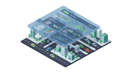 Obraz premium Smart City Data Analytics Isometric Illustration with Real-Time Dashboard Overlay and Urban Infrastructure