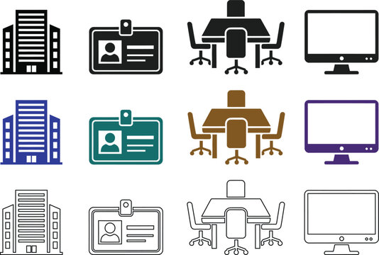Office and business icons set buildings ids desks and computers
