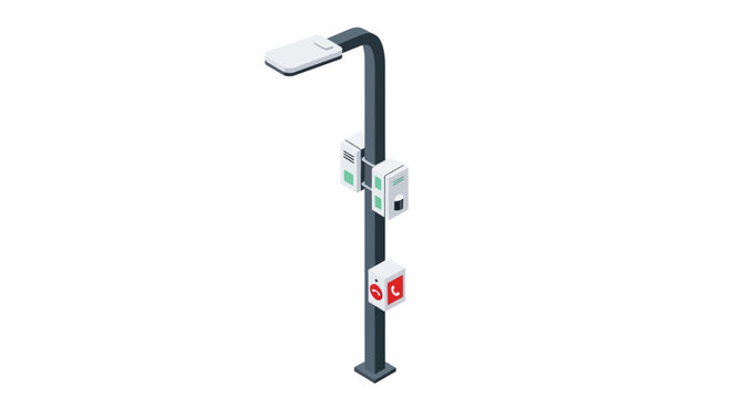 Isometric Smart City Street Pole with CCTV Camera and Emergency Call Button for Urban Infrastructure and Public Safety Concepts