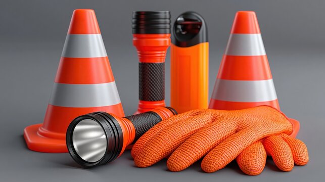 Traffic cones, flashlight, breath test device, and safety gloves on gray background