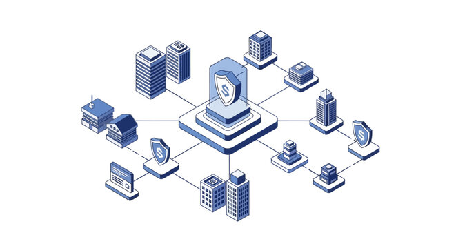 Global Financial Security Network Isometric Illustration: Shield Icons Protecting Buildings for Cybersecurity and Asset Management