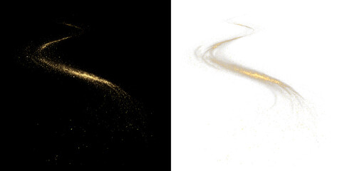 Swirling golden dust trails isolated on transparent and black background, showing movement and flow through the space, light overlay, PNG © denzelll