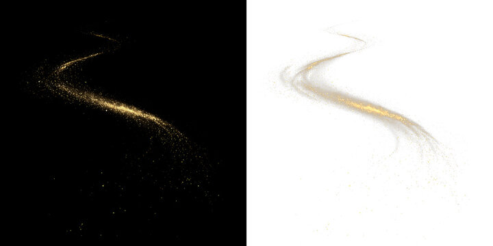 Swirling golden dust trails isolated on transparent and black background, showing movement and flow through the space, light overlay, PNG