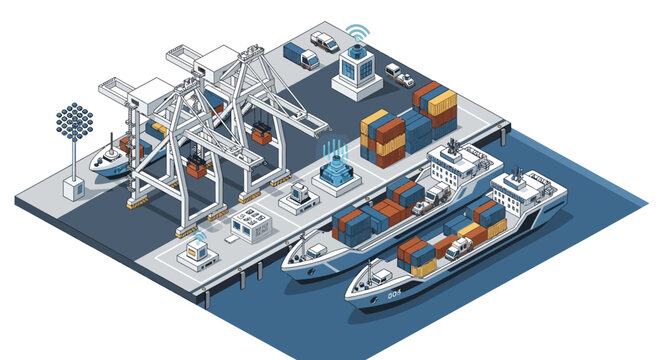 Automated Smart Port and Container Terminal Logistics with Isometric Cargo Ships and IoT Technology