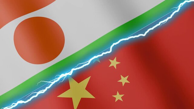 Two waving flags Niger and China with diagonal lightning seamless, 4k loop