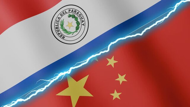 Two waving flags Paraguay and China with diagonal lightning seamless, 4k loop