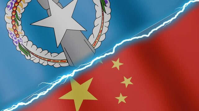 Two waving flags Northern Mariana Islands and China with diagonal lightning seamless, 4k loop