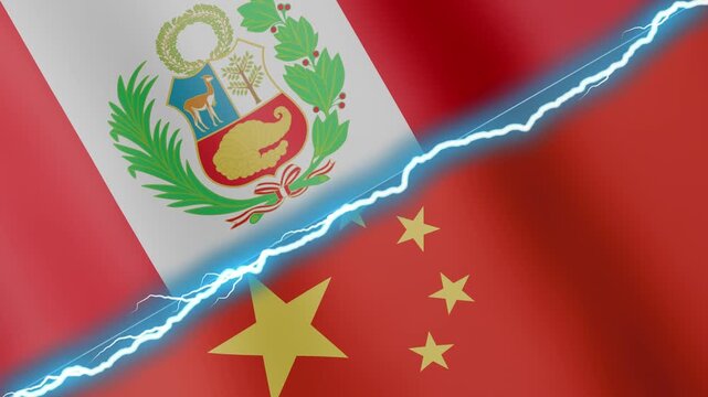 Two waving flags Peru and China with diagonal lightning seamless, 4k loop