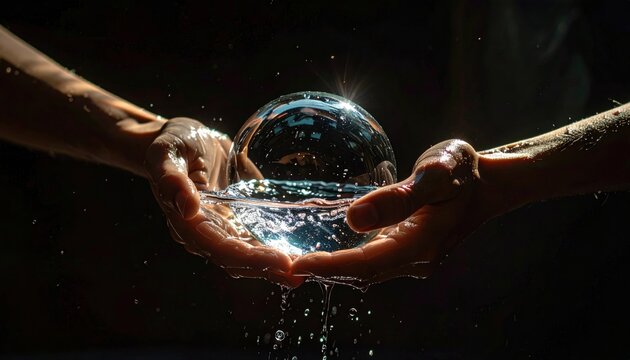 Hands Holding Water with Globe Inside.