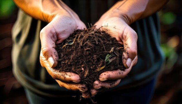 Hands holding rich, dark soil, showcasing earths fertility.