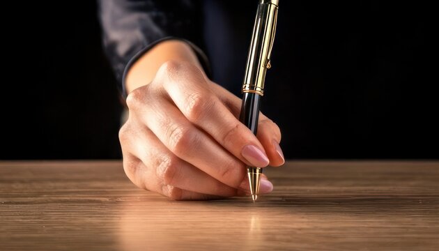 Hand holding pen on wooden table for writing.