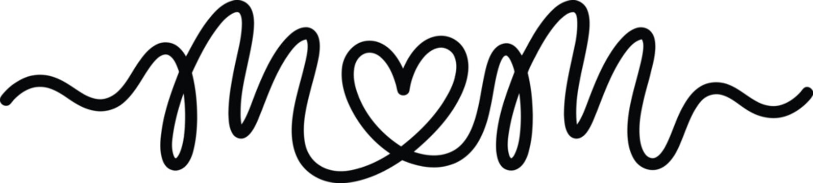 Minimalist mom script calligraphy vector, elegant continuous line art with heart, black cursive mother typography for greeting cards and apparel