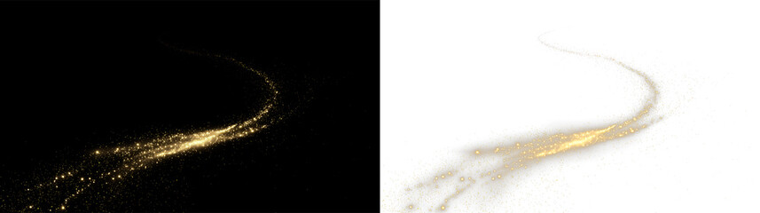 Golden sparkles create a flowing trail isolated on transparent and black background, in an artistic display during a festive evening, light overlay, PNG © denzelll