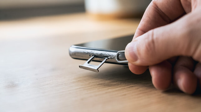 Close-up of Hand Opening Smartphone SIM Card Tray with Ejector Tool for Mobile Connectivity and Network Roaming