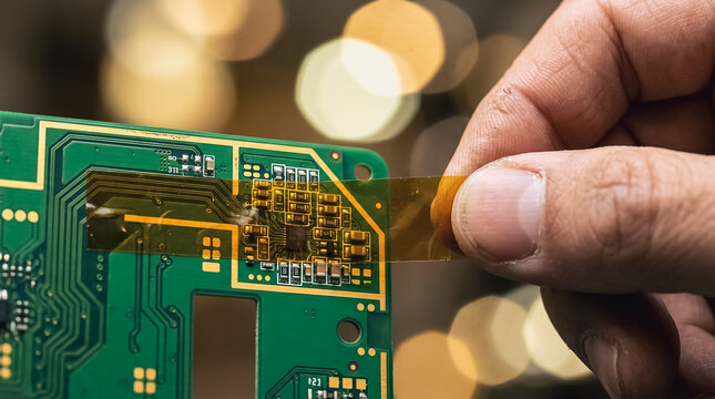 Close-up of technician hand applying kapton tape to a circuit board, electronics manufacturing and precision engineering concept