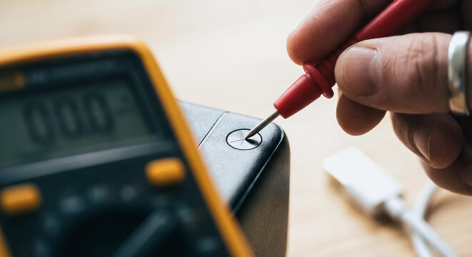 Electrical Technician Testing Electronic Device with Multimeter Probe for Maintenance and Quality Control Diagnostics