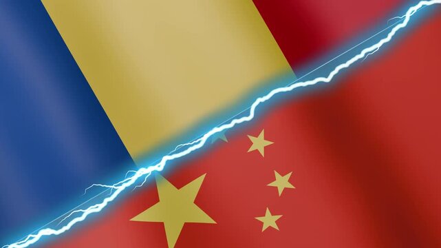 Two waving flags Romania and China with diagonal lightning seamless, 4k loop