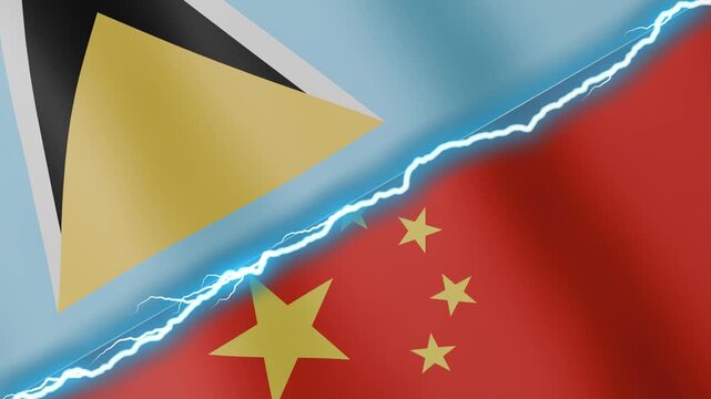 Two waving flags Saint Lucia and China with diagonal lightning seamless, 4k loop