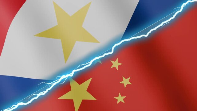 Two waving flags Saba and China with diagonal lightning seamless, 4k loop