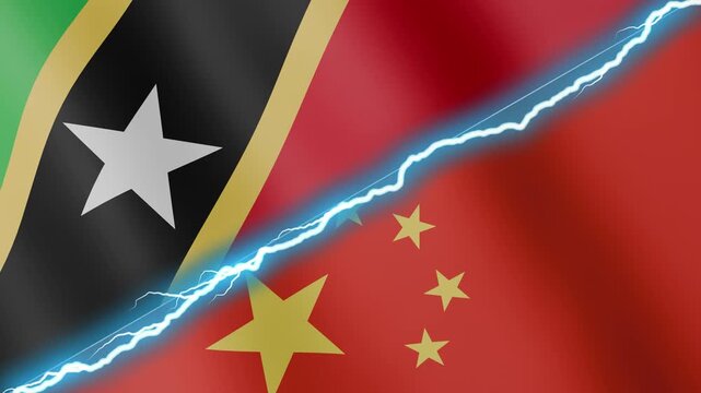 Two waving flags Saint Kitts and Nevis and China with diagonal lightning seamless, 4k loop