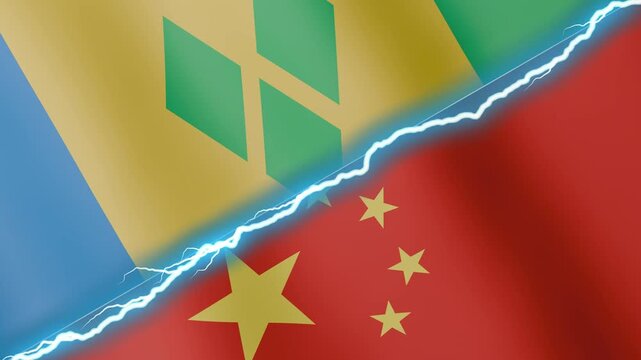 Two waving flags Saint Vincent and the Grenadines and China with diagonal lightning seamless, 4k loop