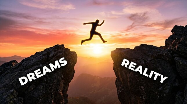 wide-angle silhouette of a man leaping across two jagged cliffs labeled "DREAMS" and "REALITY" against a vibrant, orange-hued mountain sunset.