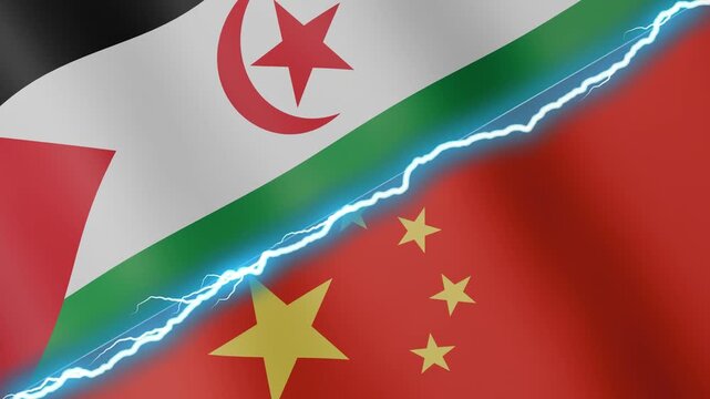 Two waving flags Western Sahara - Sahrawi Arab Democratic Republic and China with diagonal lightning seamless, 4k loop