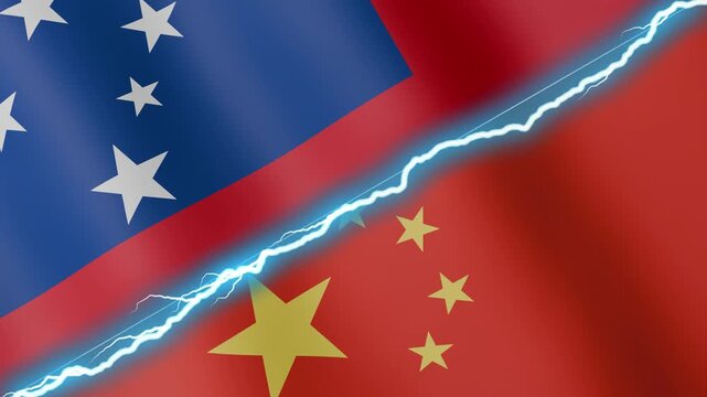 Two waving flags Samoa and China with diagonal lightning seamless, 4k loop