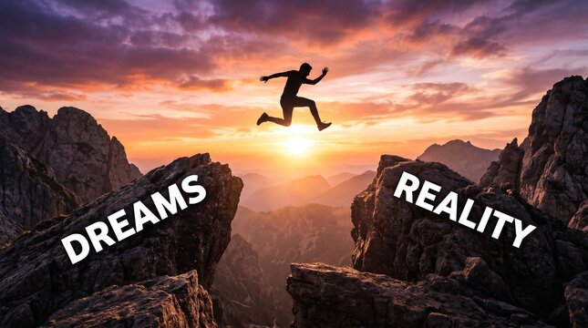 wide-angle silhouette of a man leaping across two jagged cliffs labeled "DREAMS" and "REALITY" against a vibrant, orange-hued mountain sunset.
