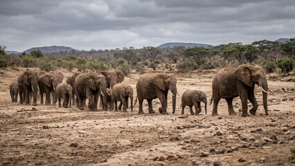 Fototapeta premium A herd of African elephants walking through a dry savannah landscape