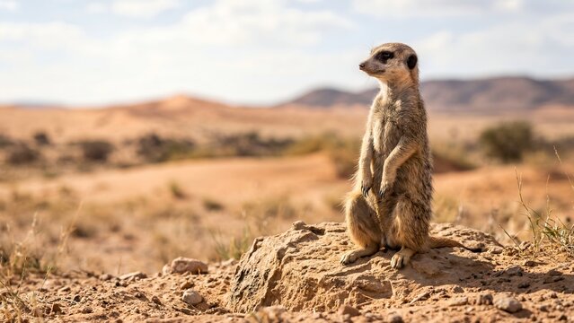 Alert meerkat standing on a rock in the arid African savanna desert