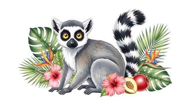 Ring-tailed Lemur Surrounded by Lush Tropical Foliage and Exotic Flowers.