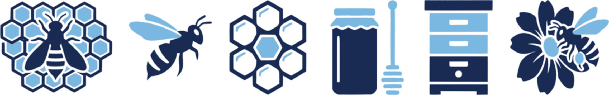 Versatile vector icon collection showcasing a stylized bee and hexagonal honeycomb structures, ideal for food packaging, natural product branding, educational resources, or digital