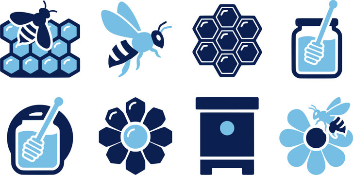 Versatile vector icon collection showcasing a stylized bee and hexagonal honeycomb structures, ideal for food packaging, natural product branding, educational resources, or digital