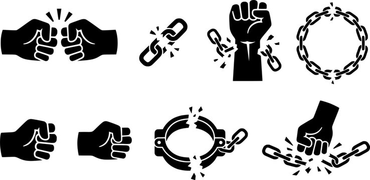 Powerful fists breaking a circular metal chain symbolizing freedom and strength, suitable for protest, liberation, or overcoming challenge themes and motivational content