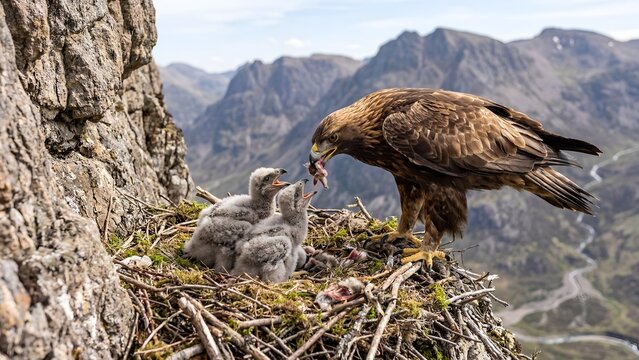 Golden eagle feeding fluffy eaglets in a cliff nest in the mountains