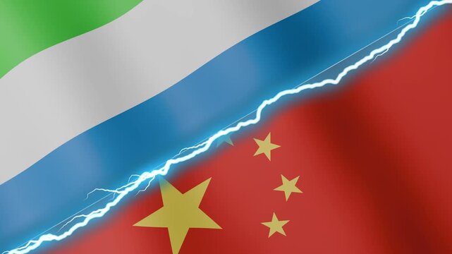 Two waving flags Sierra Leone and China with diagonal lightning seamless, 4k loop