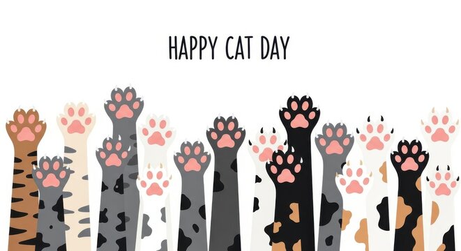 Colorful cat paws raised up in celebration on white background for happy cat day