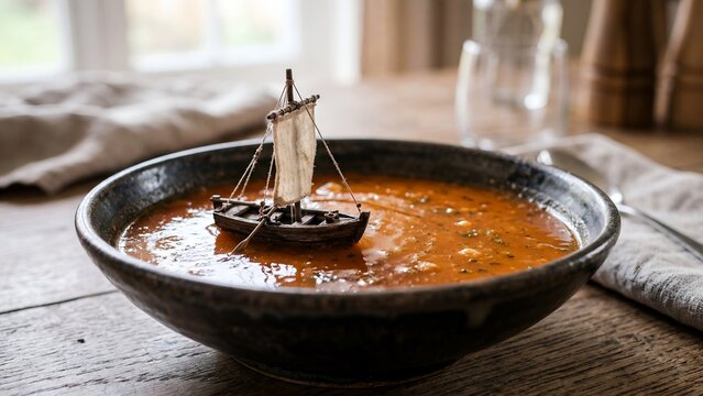 Small wooden toy boat sailing in a bowl of tomato soup on a rustic table