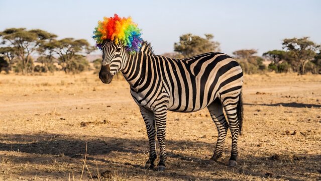 Zebra wearing a colorful rainbow clown wig standing in the African savanna