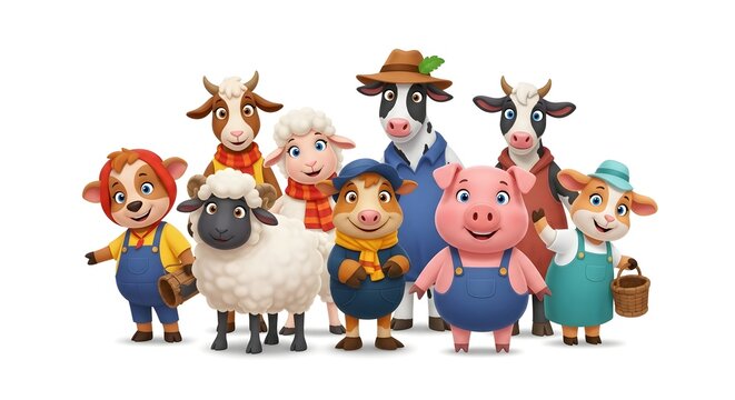Charming Cartoon Farm Animals Group Standing Together.