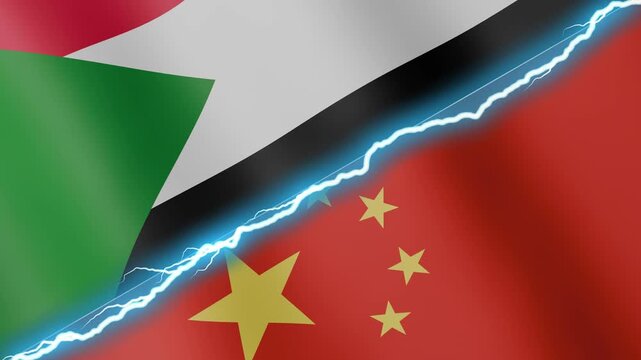 Two waving flags Sudan and China with diagonal lightning seamless, 4k loop