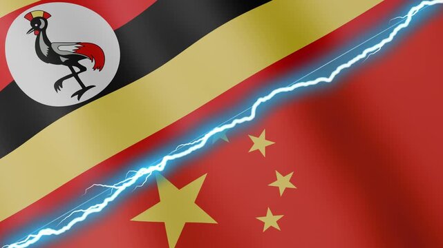 Two waving flags Uganda and China with diagonal lightning seamless, 4k loop
