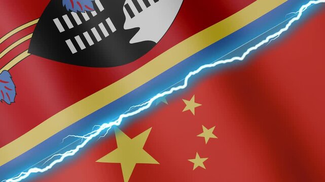Two waving flags Kingdom of eSwatini - Swaziland and China with diagonal lightning seamless, 4k loop