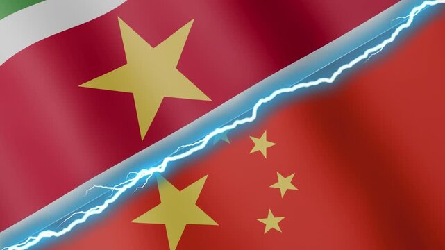 Two waving flags Suriname and China with diagonal lightning seamless, 4k loop