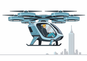 Naklejka premium A futuristic flying taxi transports a passenger above a city skyline. Modern design, vibrant blue, and a sleek, innovative transport concept. Ideal for tech and future themes.