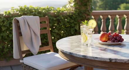 Obraz premium Lemonade and fruits on a terrace in summer with a relaxing ambiance