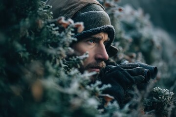 Obraz premium Hunter with binoculars in frosty forest